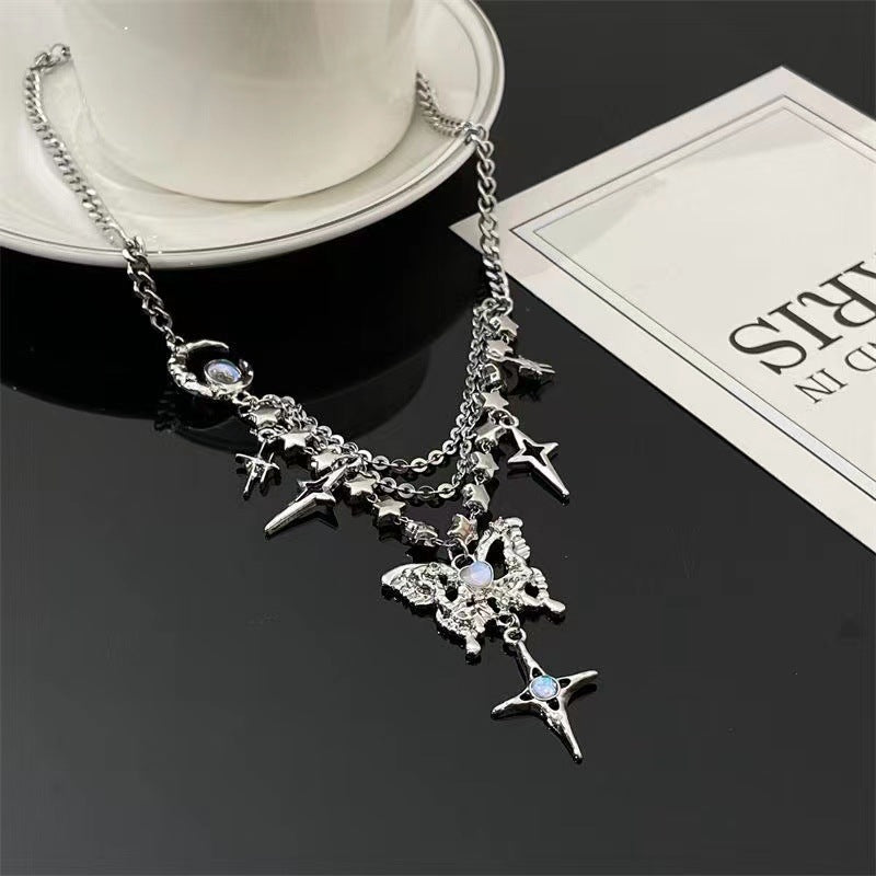 Butterfly Inlaid Zirconium Star And Moon All-match Necklace