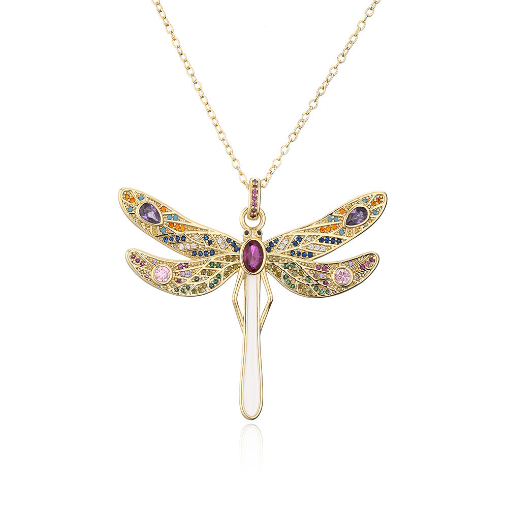 Copper Plated 18K Gold Micro Set Zircon Large Size Dragonfly Pendant Necklace