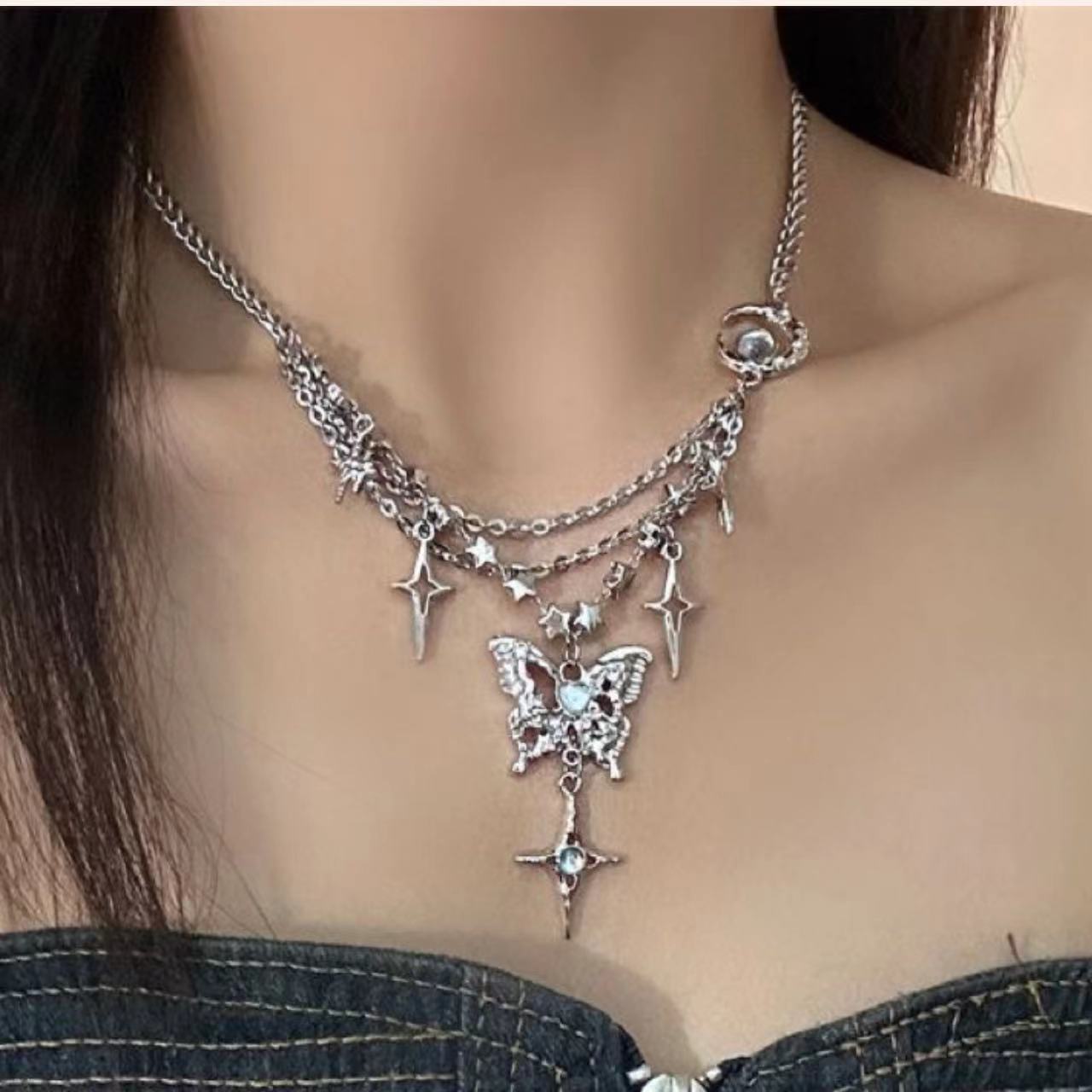 Butterfly Inlaid Zirconium Star And Moon All-match Necklace