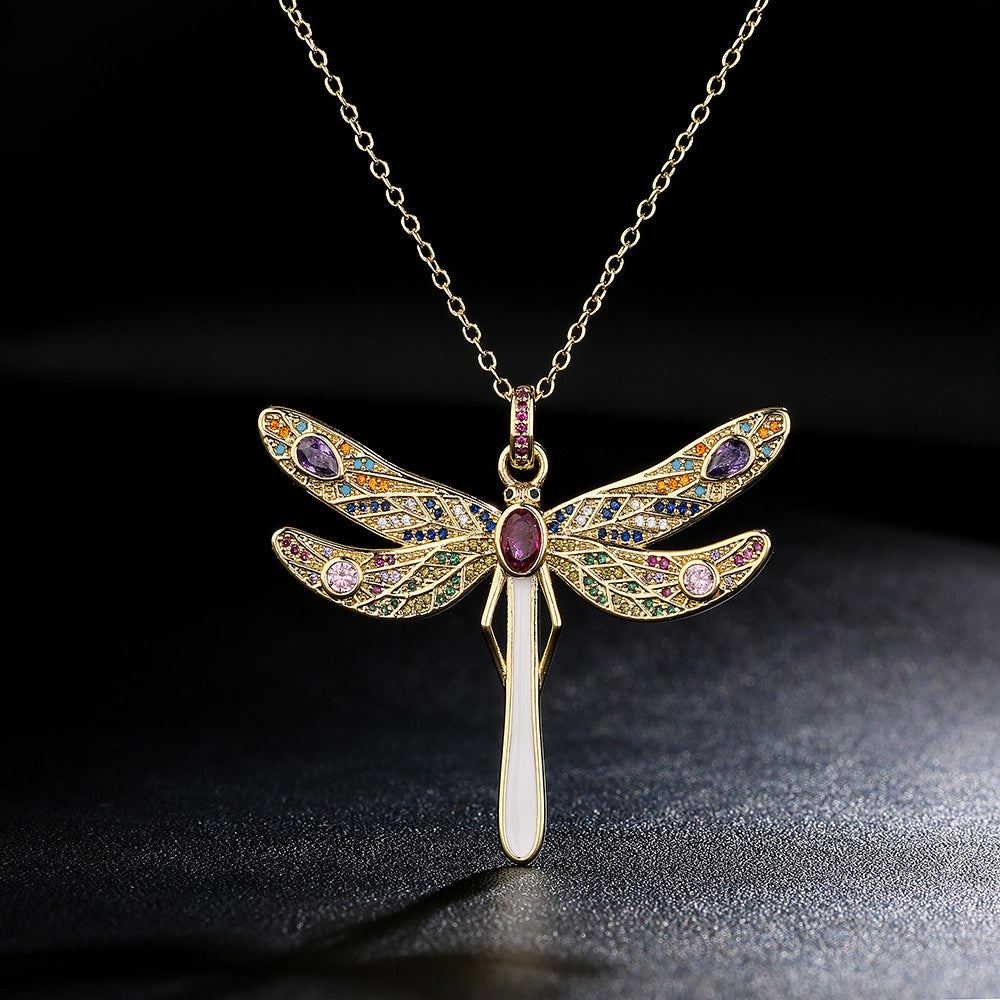 Copper Plated 18K Gold Micro Set Zircon Large Size Dragonfly Pendant Necklace