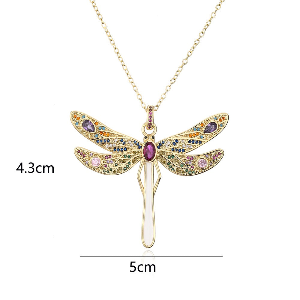 Copper Plated 18K Gold Micro Set Zircon Large Size Dragonfly Pendant Necklace