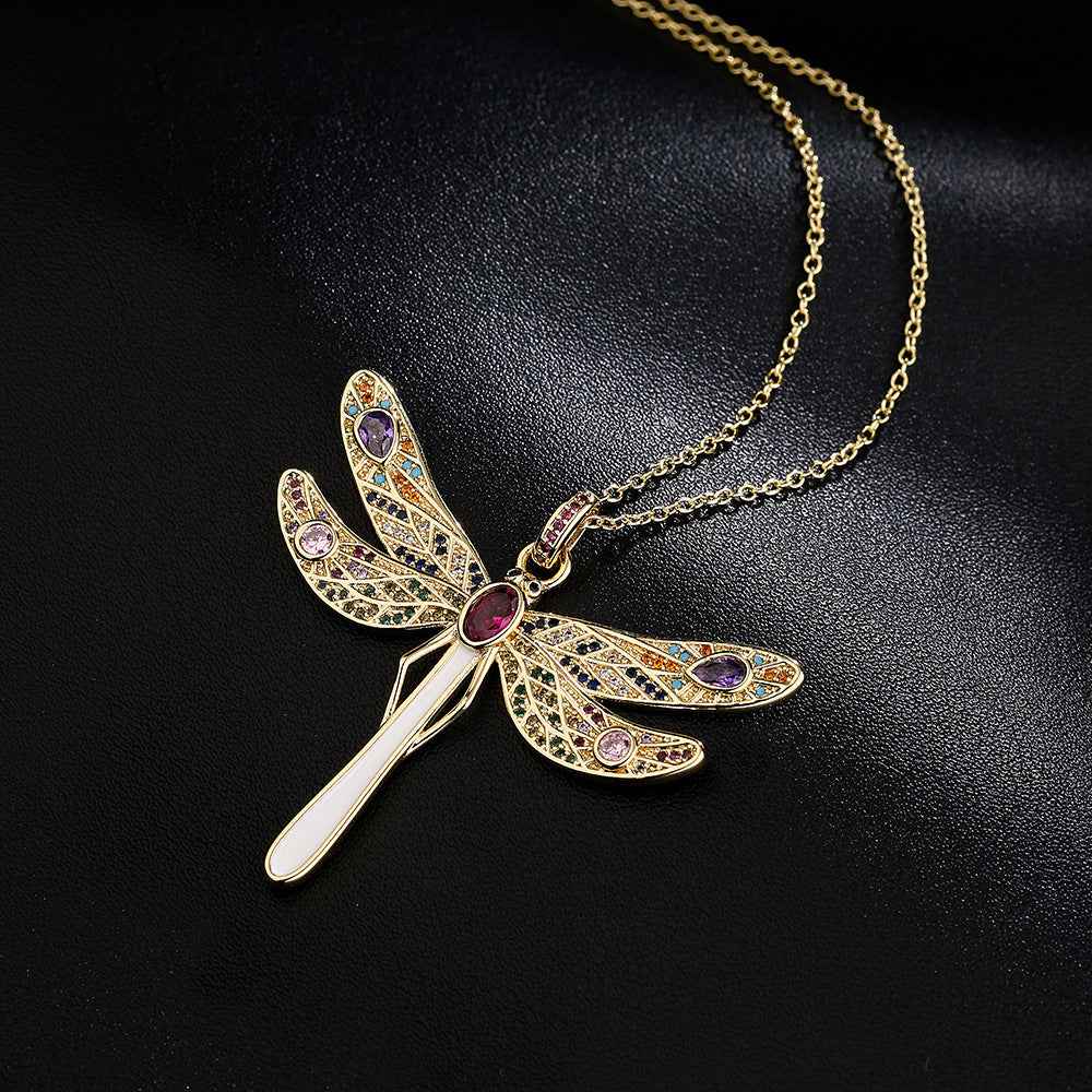 Copper Plated 18K Gold Micro Set Zircon Large Size Dragonfly Pendant Necklace
